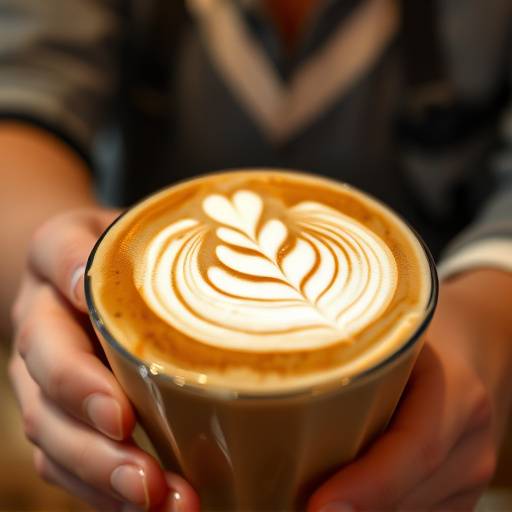A barista creating latte art on a cappuccino.
