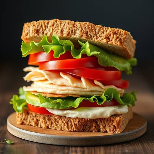 A turkey sandwich with lettuce, tomato, and avocado on whole wheat bread.