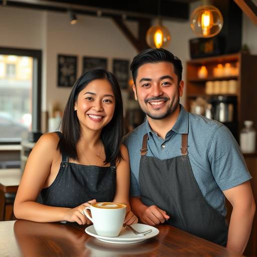 Amelia Rodriguez and James Chen, the founders of The Daily Grind, standing proudly in their cafe.