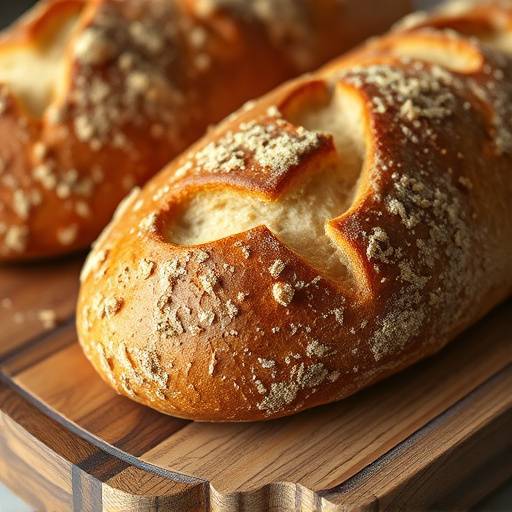 Close-up of freshly baked artisan bread on a wooden cutting board.