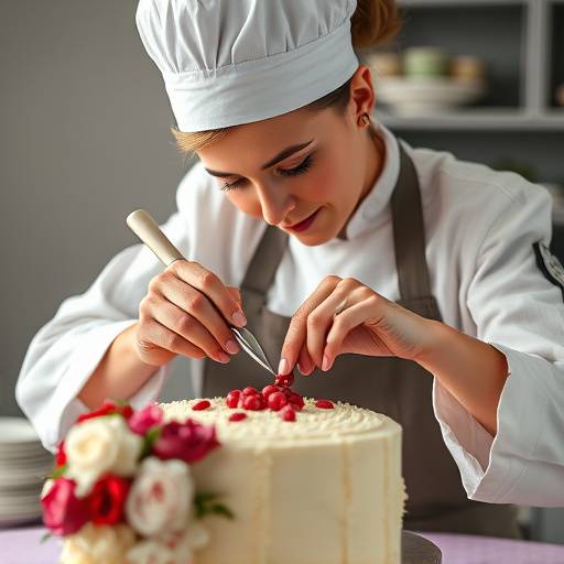 Elena Petrova, Pastry Chef, meticulously decorating a cake.