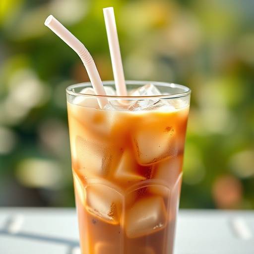 Refreshing iced coffee with ice cubes and a straw.